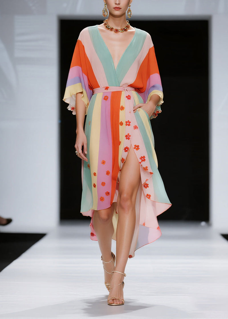 Diy Multicolored Asymmetrical Striped Chiffon Vacation Dresses Summer