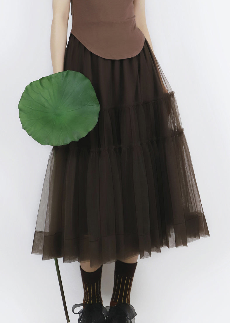 Chocolate Patchwork Tulle Pleated Skirt Elastic Waist