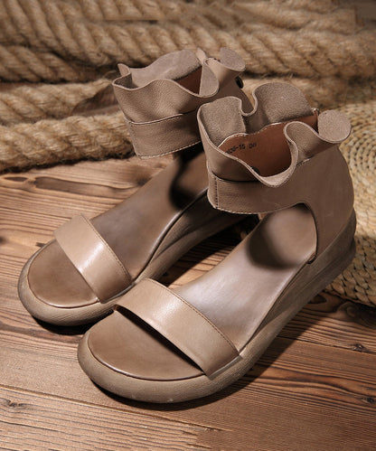 Khaki Cowhide Leather Buckle Strap Wedge Sandals