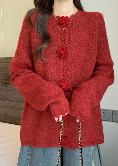 Red Oversized Three-dimensional Knitted Tops Fall