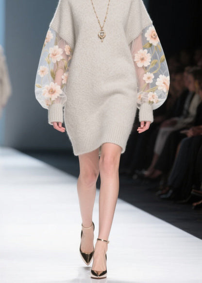 Grey Tulle Patchwork Knit Sweater Dress Winter