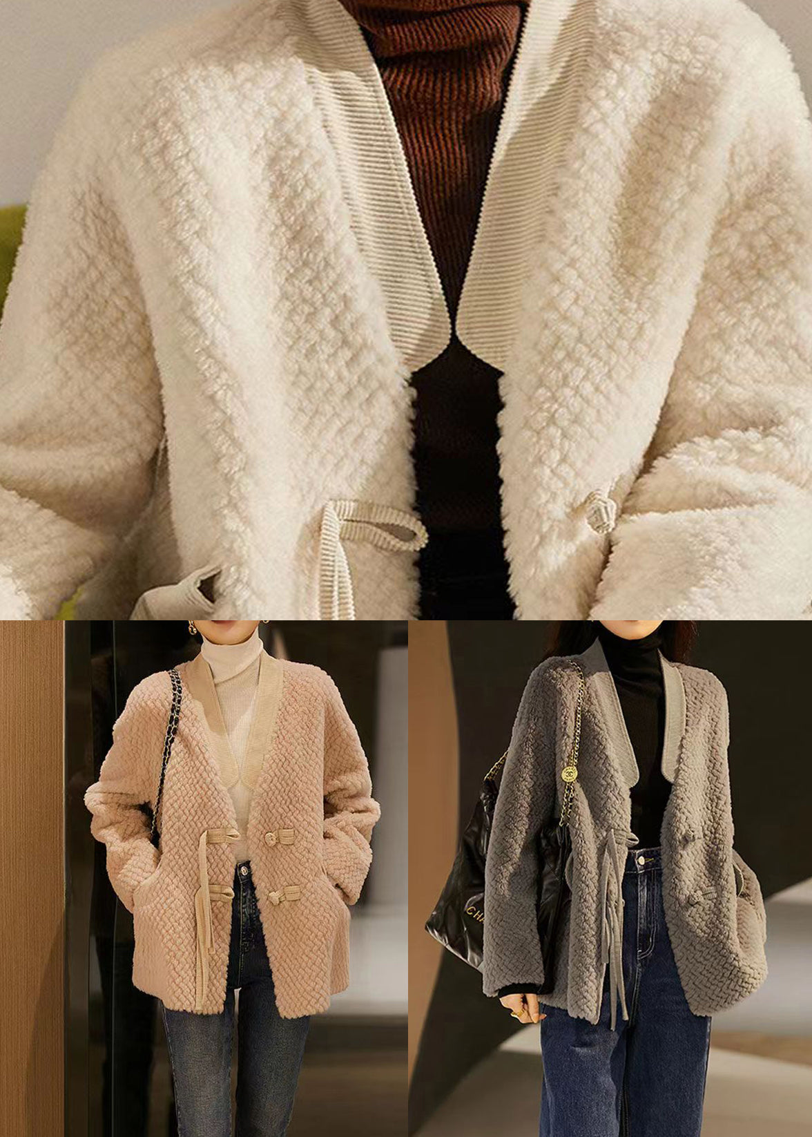 Beige Tasseled Chinese Button Patchwork Wool Coats Winter