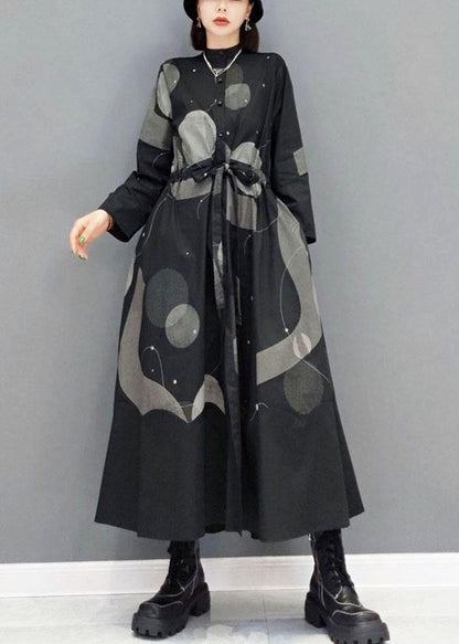 Stylish Black Stand Button Dresses Fall Long Sleeve
