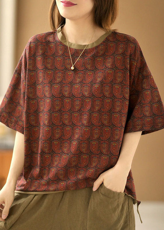 Classy Dark Red O-neck Print Patchwork Cotton Tanks Short Sleeve