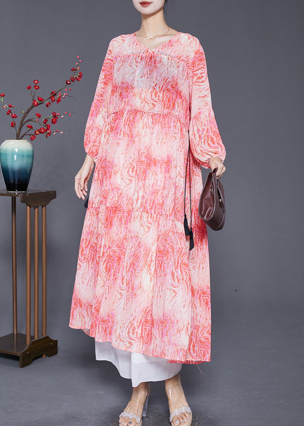 Pink Cinched Print Chiffon Vacation Dresses Fall
