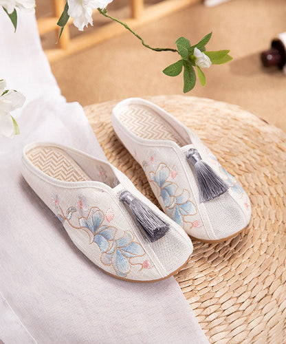 White Flat Slide Sandals Linen Fabric Embroidery Tassel