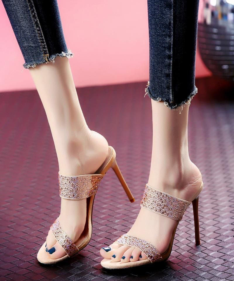 Apricot Zircon Stiletto Peep Toe High Heel Slippers