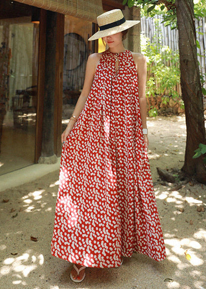 Red Colour O-neck Print Pockets Chiffon Jumpsuits Pants Summer