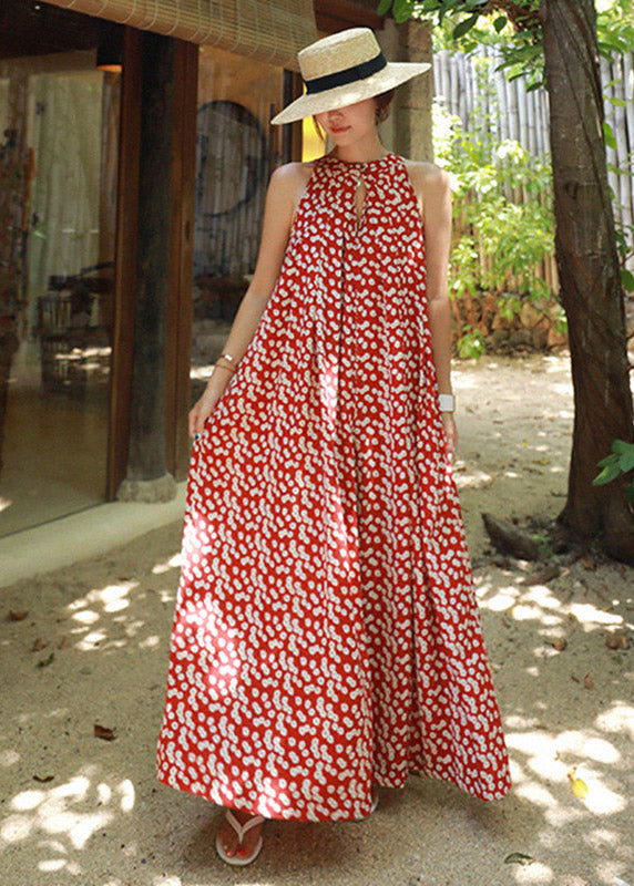 Red Colour O-neck Print Pockets Chiffon Jumpsuits Pants Summer