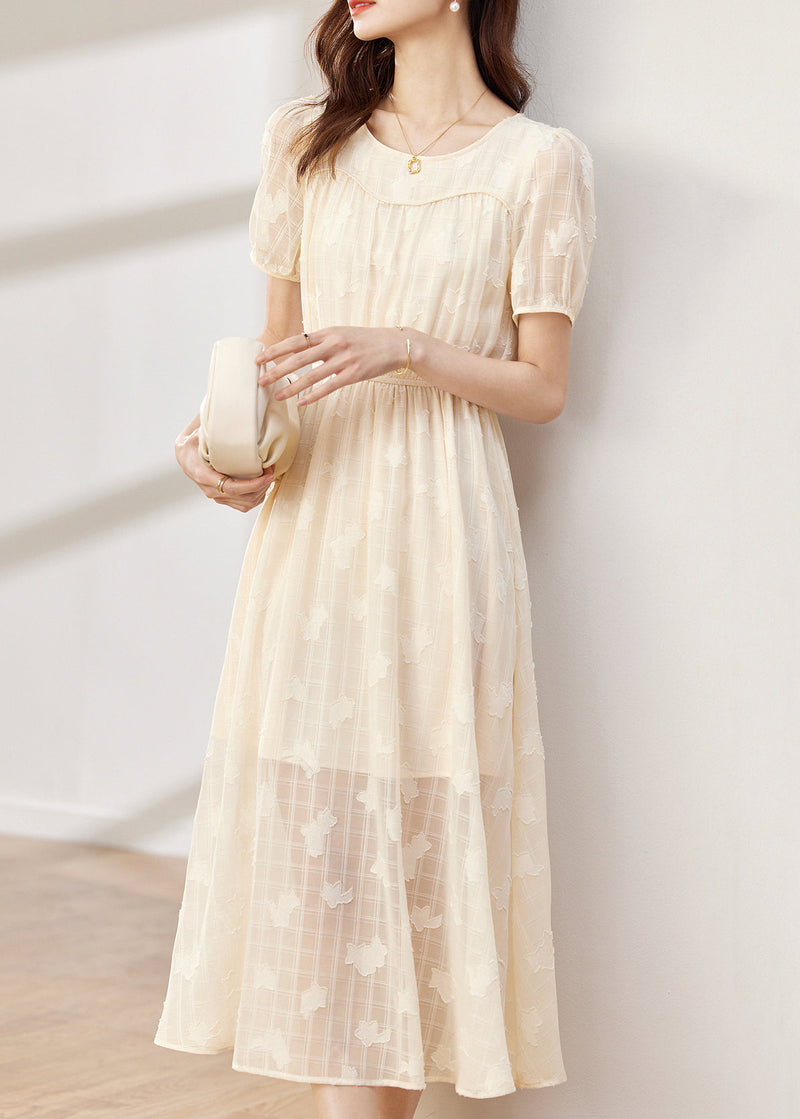 Apricot O-neck Wrinkled Patchwork Chiffon Dress Summer