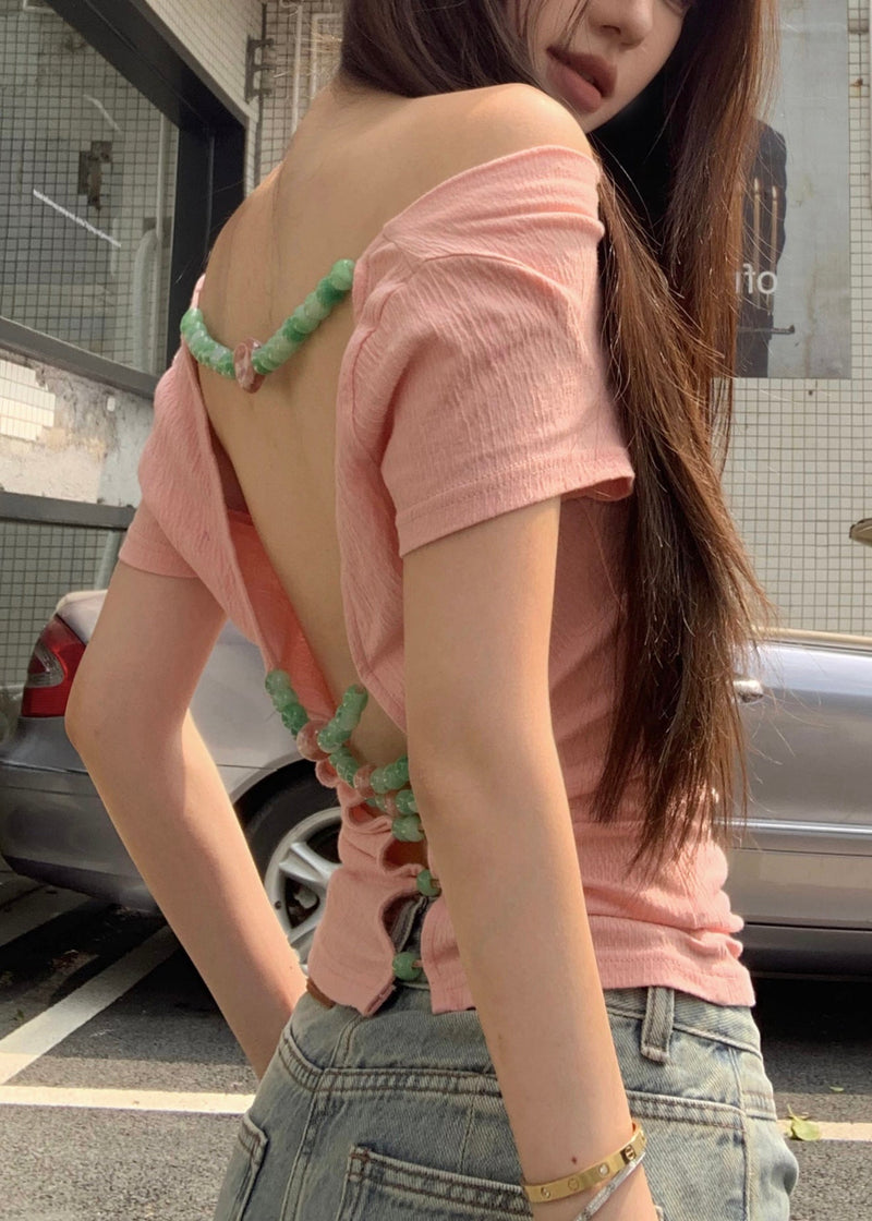 Pink Beading Wear on Both Sides Cotton T Shirts Summer