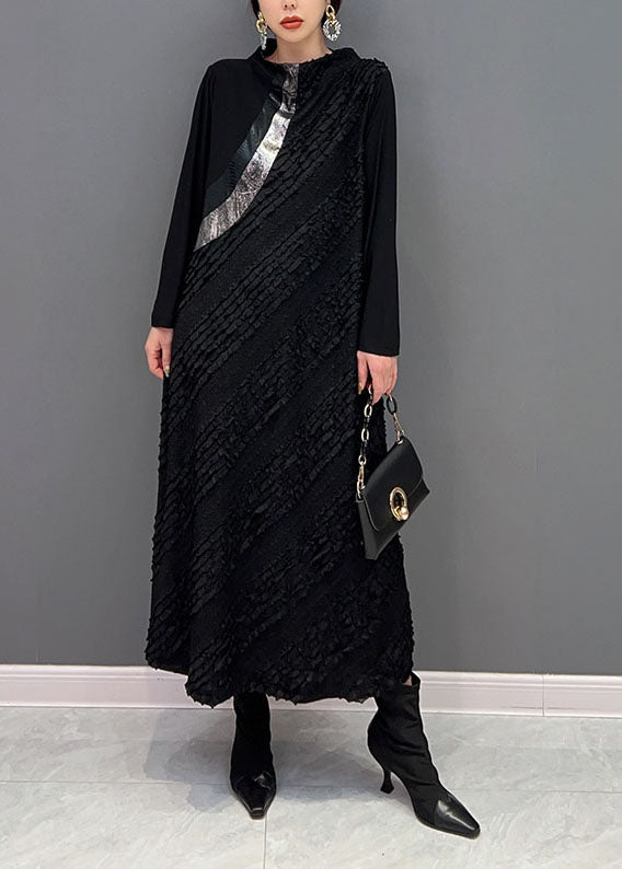 Original Design Black Stand Collar Patchwork Wear on Both Sides Holiday Dress Spring
