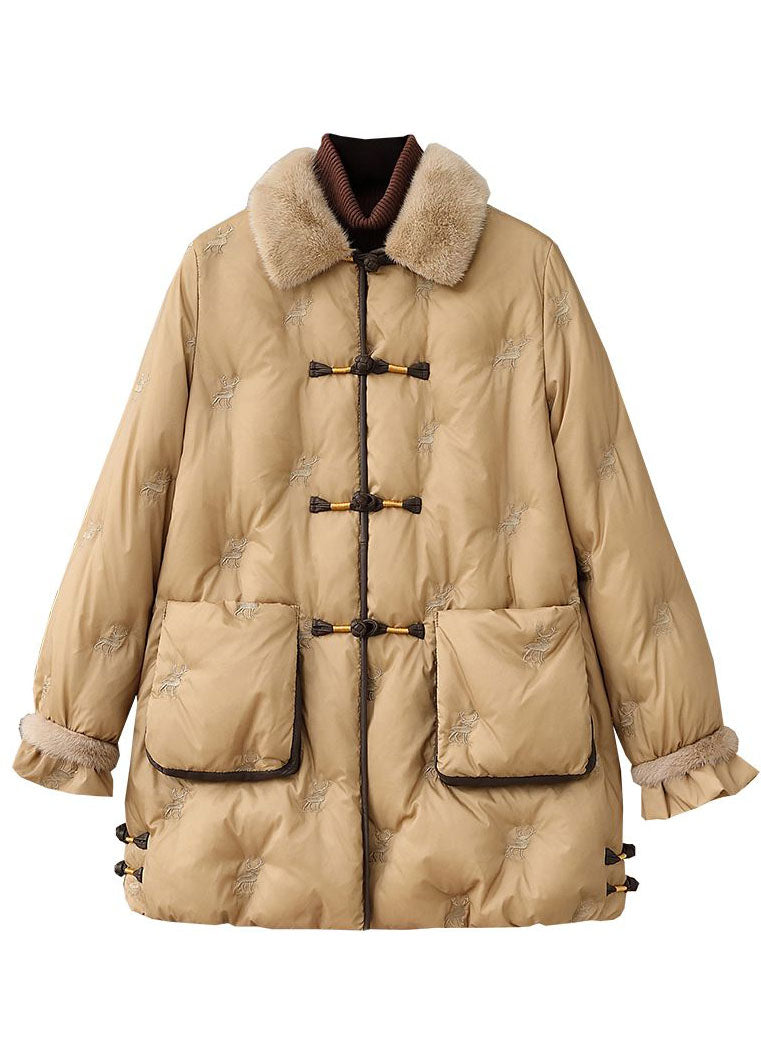Khaki Peter Pan Collar Chinese Button Embroideried Cotton Filled Coats Winter