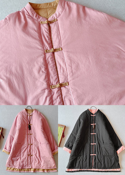 Black Pockets Chinese Button Fine Cotton Filled Loose Coat Winter