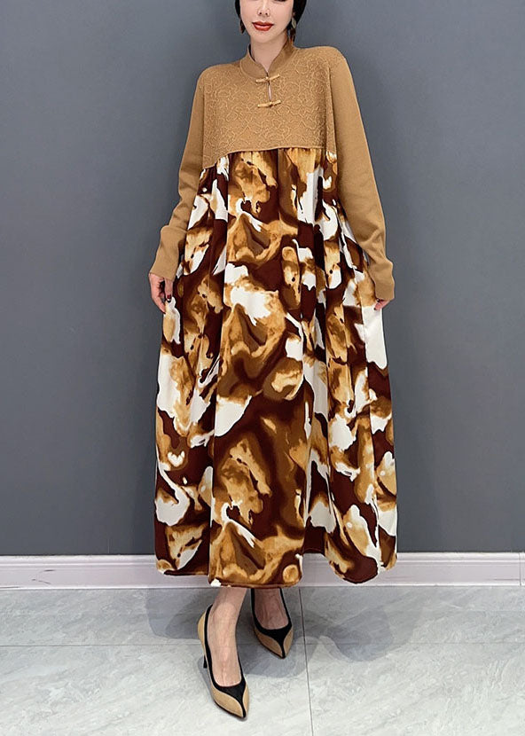 Khaki Mandarin Collar Patchwork Print Holiday Dress Spring