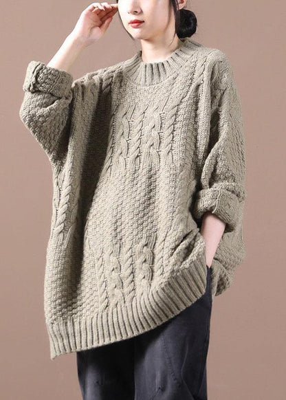 Khaki Loose Cable Knit Fall Long Knit Top