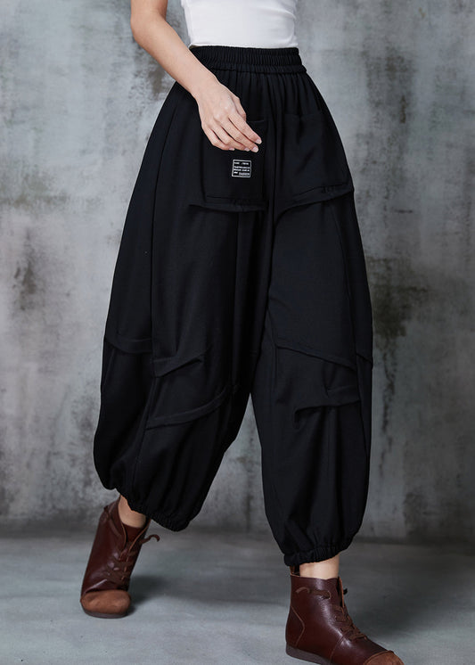 Black Oversized Wrinkled Cotton Harem Pants Spring