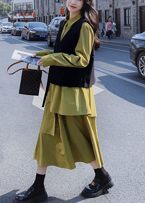 French Patchwork Black Waistcoat and Green Long Dress Two Pieces Set Long Sleeve