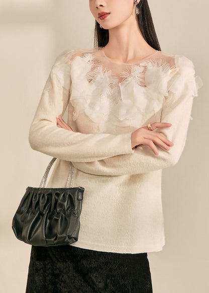 Style White O-neck Feather Patchwork Shirt Fall