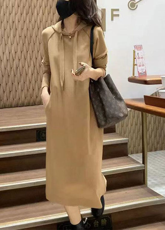 Style Khaki Hooded Cinched Cotton Sweatshirt Dress Spring