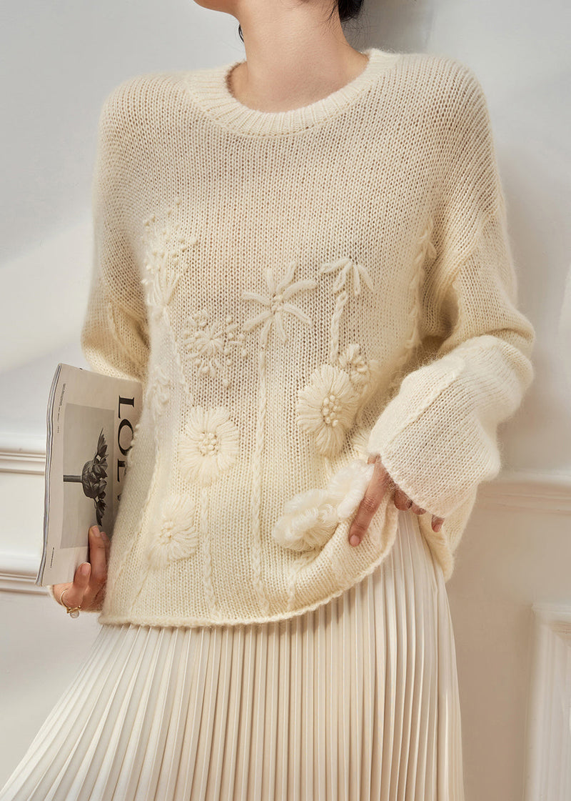 Handmade Beige O Neck Cozy Knit Sweater Tops Fall