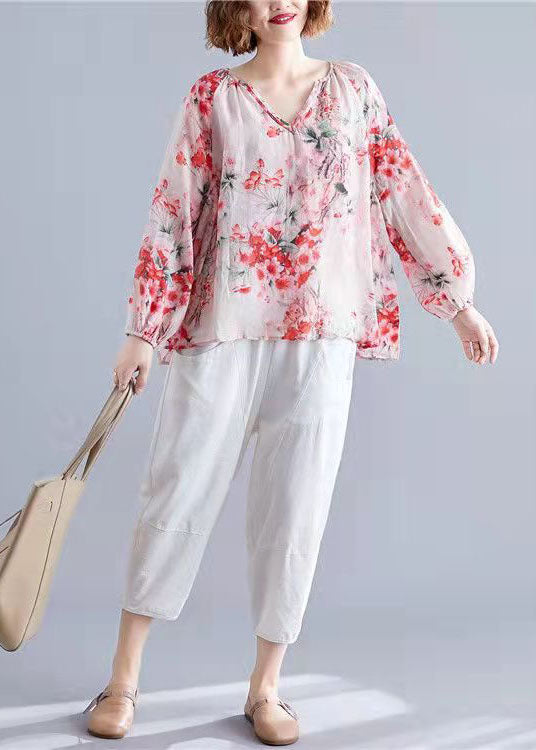 Blue V Neck Print Tops Lantern Sleeve
