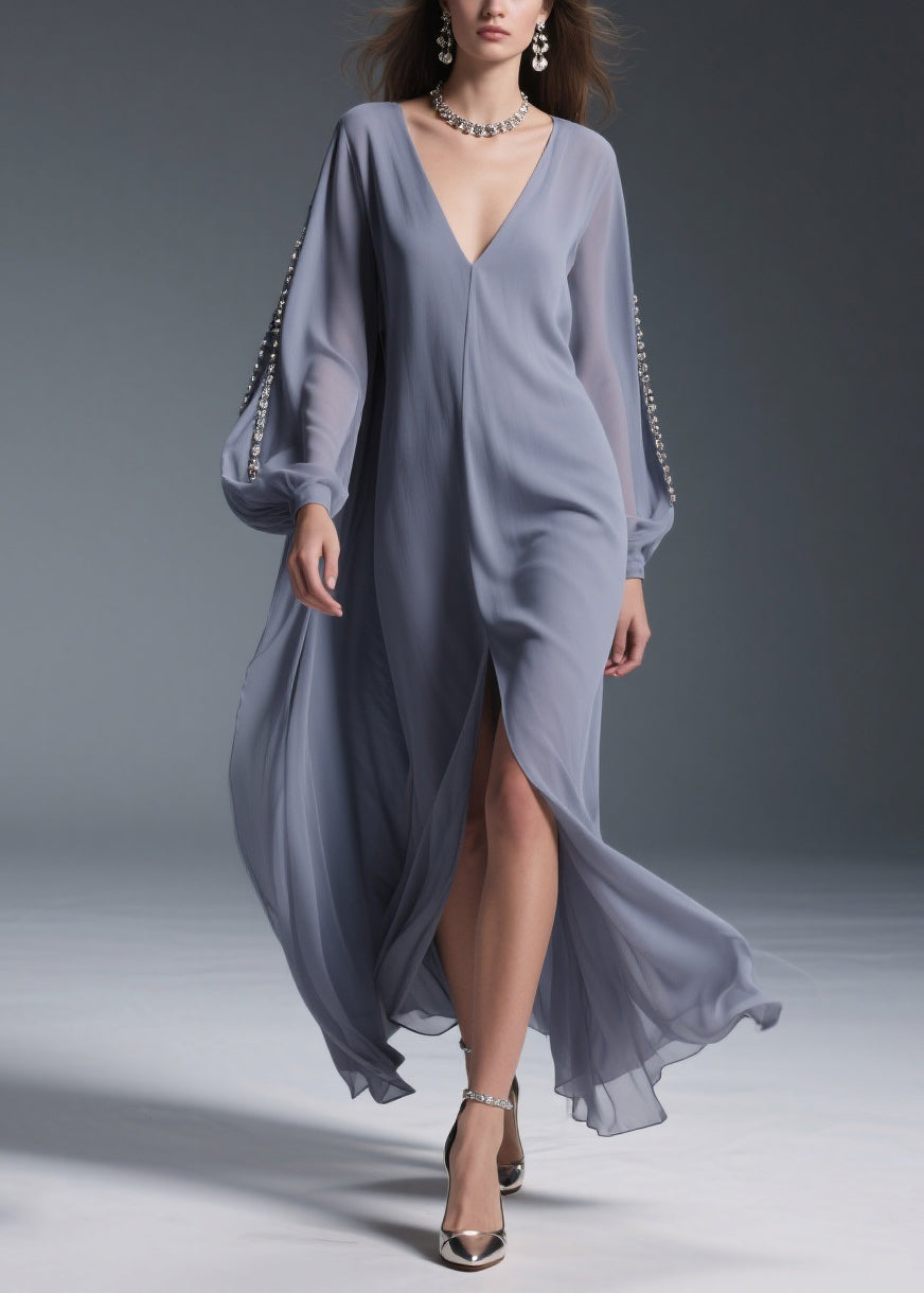 Grey Front Open Chiffon Long Dresses V Neck Spring