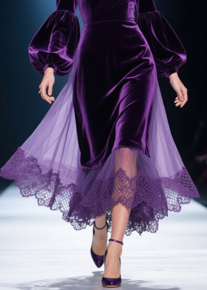 Purple V Neck Lace Tulle Patchwork Velvet Dress Fall