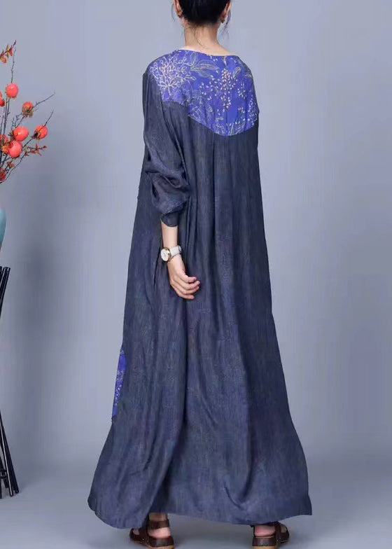 Blue O Neck Button Patchwork Cotton Long Dress Spring