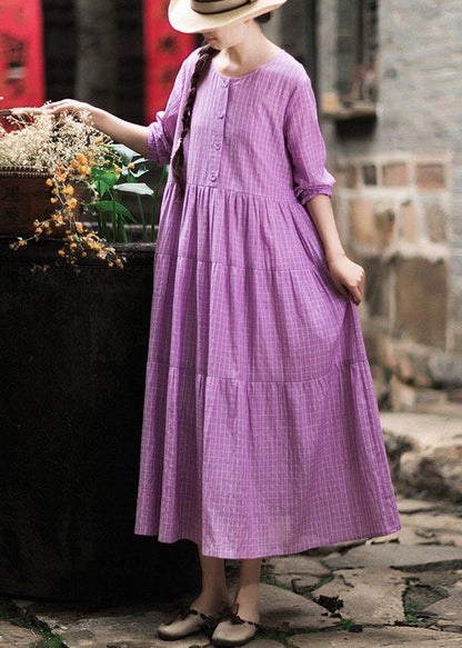 French Purple Plaid Clothes O Neck Patchwork Maxi Spring Dresses