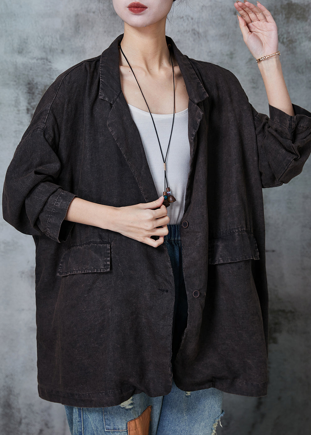 Black Oversized Pockets Linen Jackets Spring