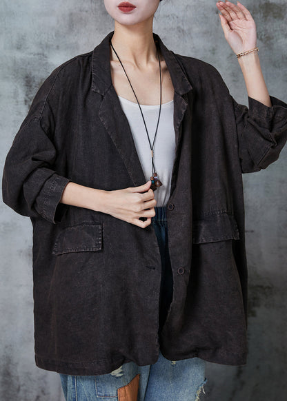Black Oversized Pockets Linen Jackets Spring