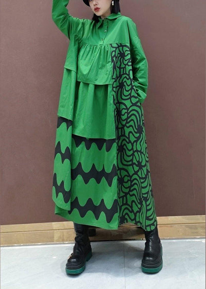 Vivid Lapel Asymmetric Spring Quilting Dresses Tunic Green Print Dress
