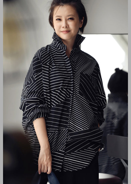 Black Peter Pan Collar Asymmetrical Striped Button Low High Design Cotton Shirt Long Sleeve