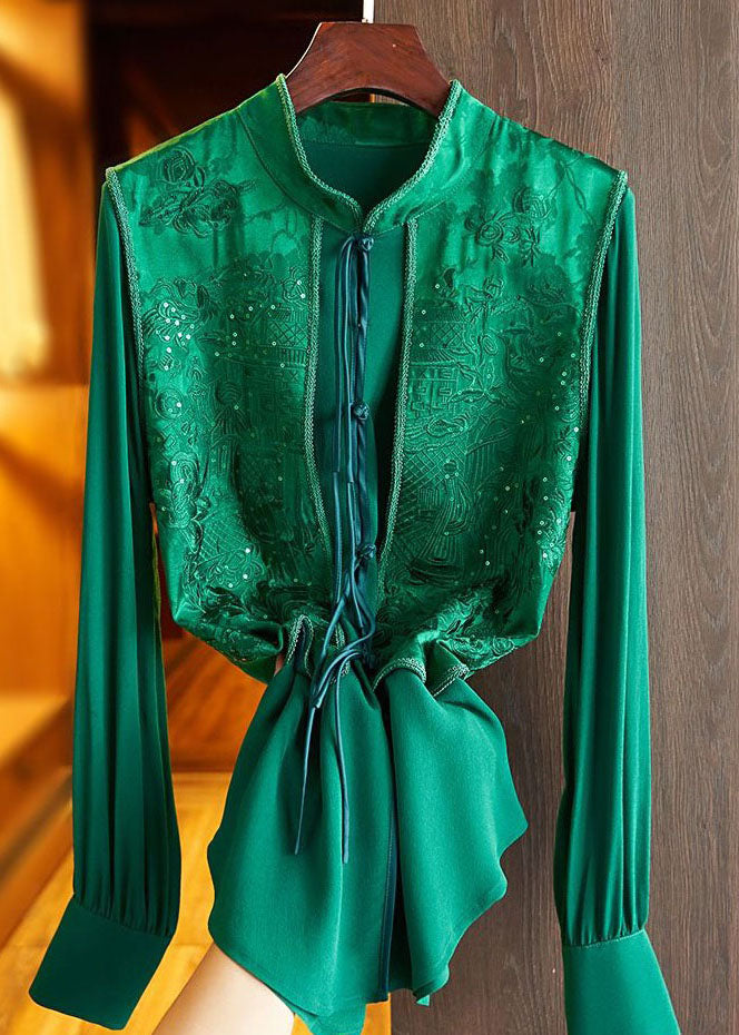 Green Tasseled Jacquard Patchwork Silk Shirt Top Spring