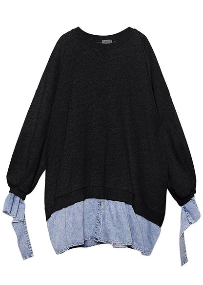 Comfy Black O-neck Patchwork Button Fall Sweatshirts Top