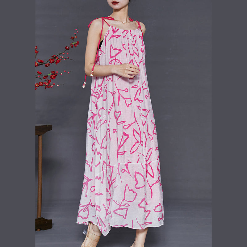 Pink Cold Shoulder Print Chiffoncotton Summer Dress