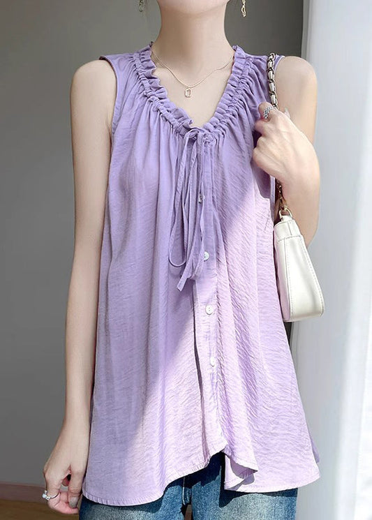 Purple Lace Up Cotton Blouses Ruffled Summer