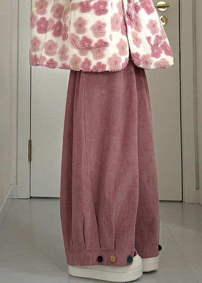 Pink Pockets Mink Velvet Coats and Wide Leg Pants Two Piece Set Winter