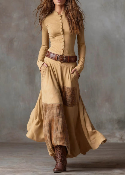 French Navy Button Pockets Plaid Patchwork Faux Suede Maxi Dresses Spring