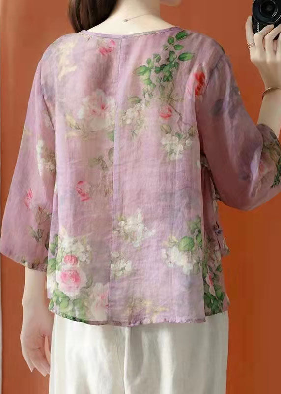 Brown Asymmetrical Print Linen Blouses Half Sleeve