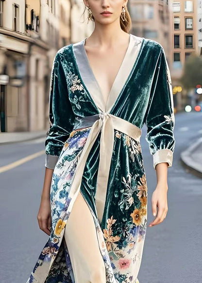 Peacock Green Cinched Print Side Open Silk Velour Dresses Spring