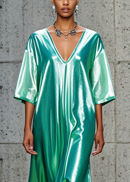 Green V Neck Oversized Silk Vacation Dresses Summer