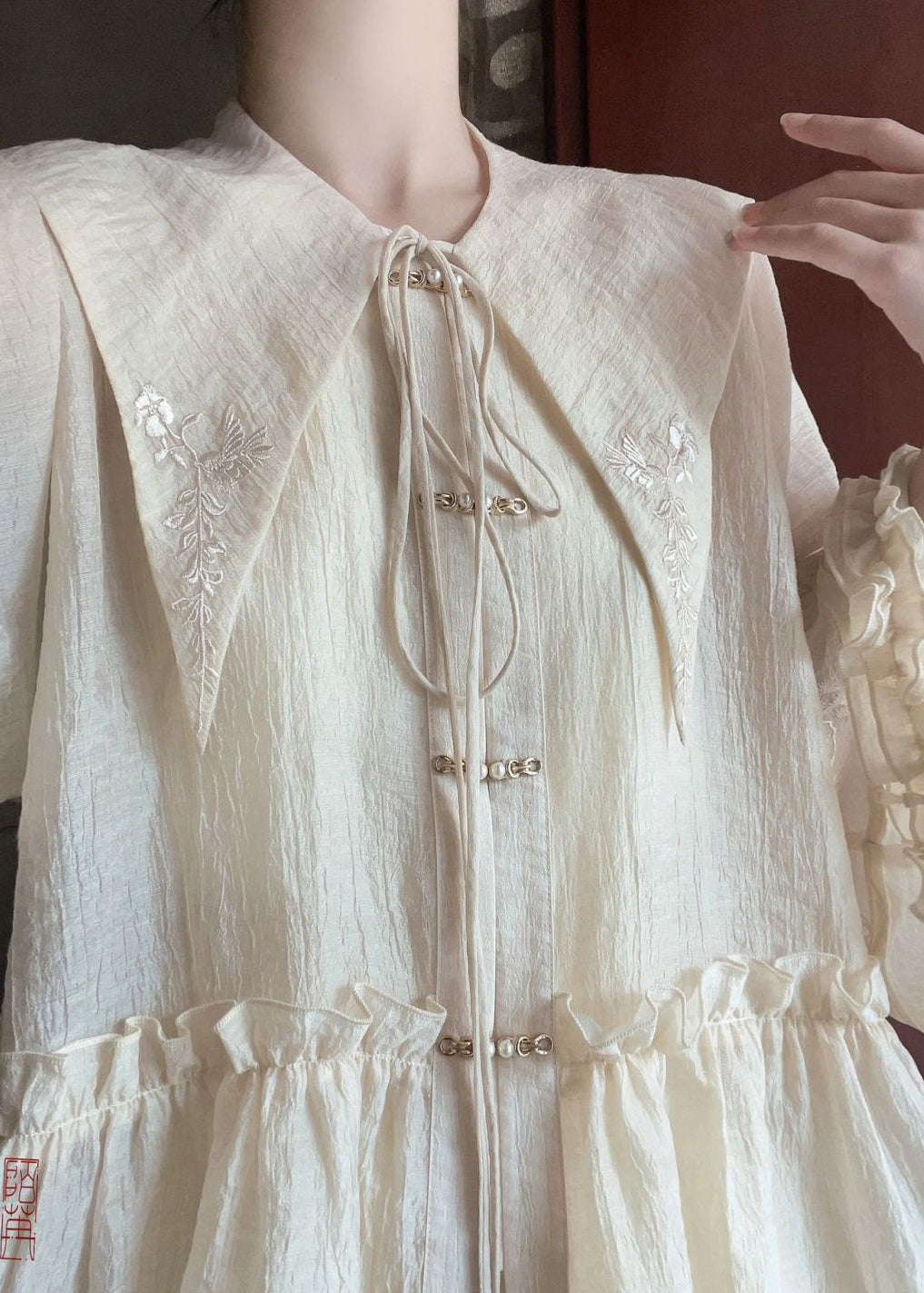 Art Beige Peter Pan Collar Ruffled Shirts and Skirts Cotton Two Pieces Set Spring