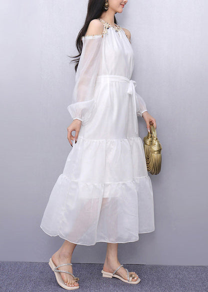White Sequins Cold Shoulder Holiday Dress Summer