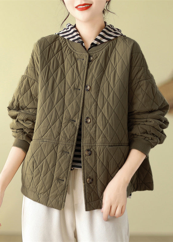Olive Pockets Button Patchwork Fine Cotton Filled Jacket Winter