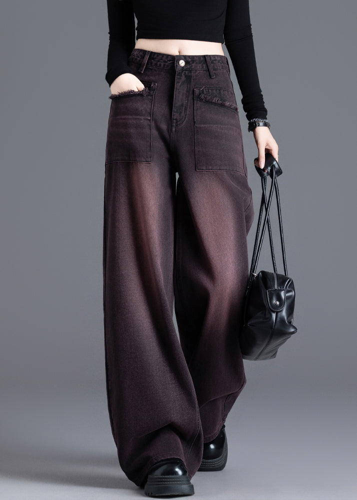 American Style Red Black High Waisted Warm Fleece Denim Wide Leg Pants Spring