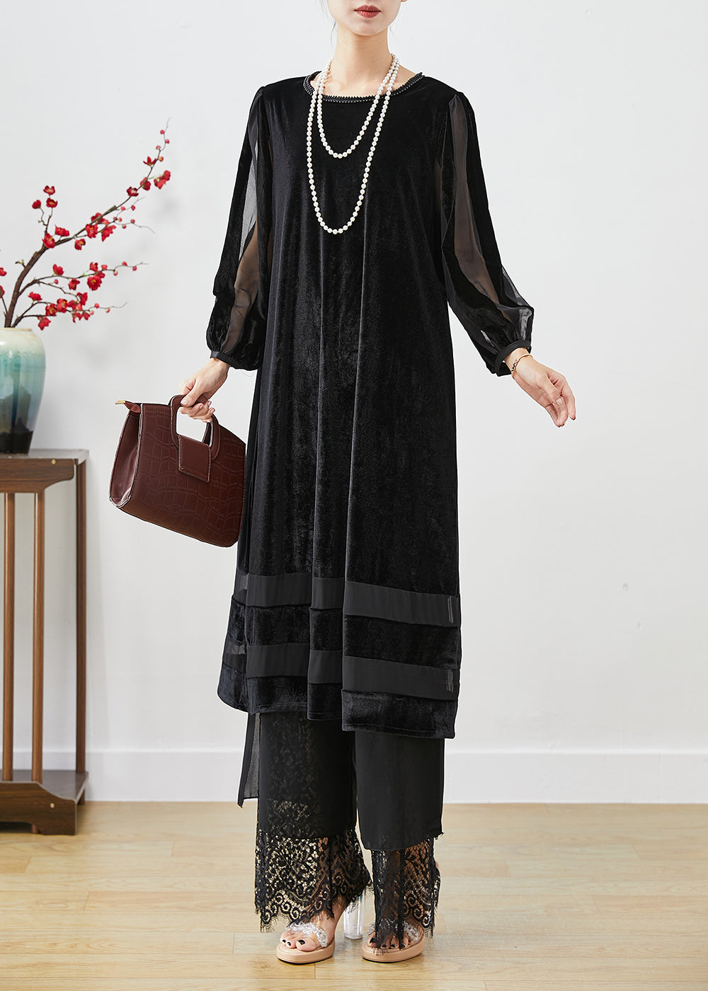 Black Hollow Out Patchwork Silk Velour Maxi Dresses Bracelet Sleeve Spring