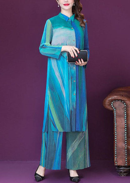 Blue Peter Pan Collar Tie Dye Silk Two Piece Set Long Sleeve