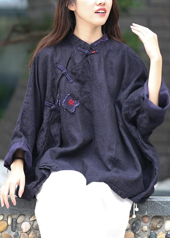 Stand Collar Batwing Sleeve Tunic Cotton Navy Shirts Spring
